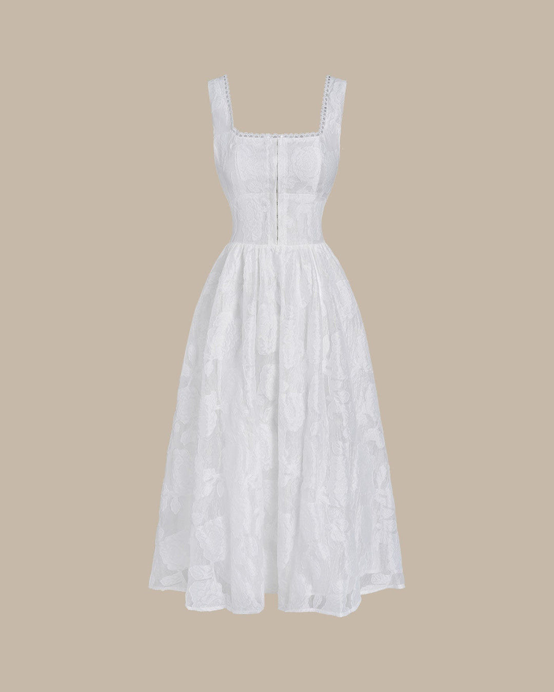 White Jacquard Shirred Slip Midi Dress