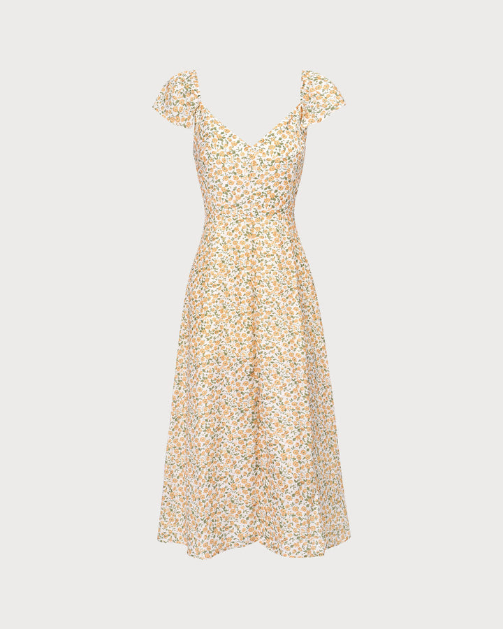 The Yellow V Neck Floral Slit Midi Dress