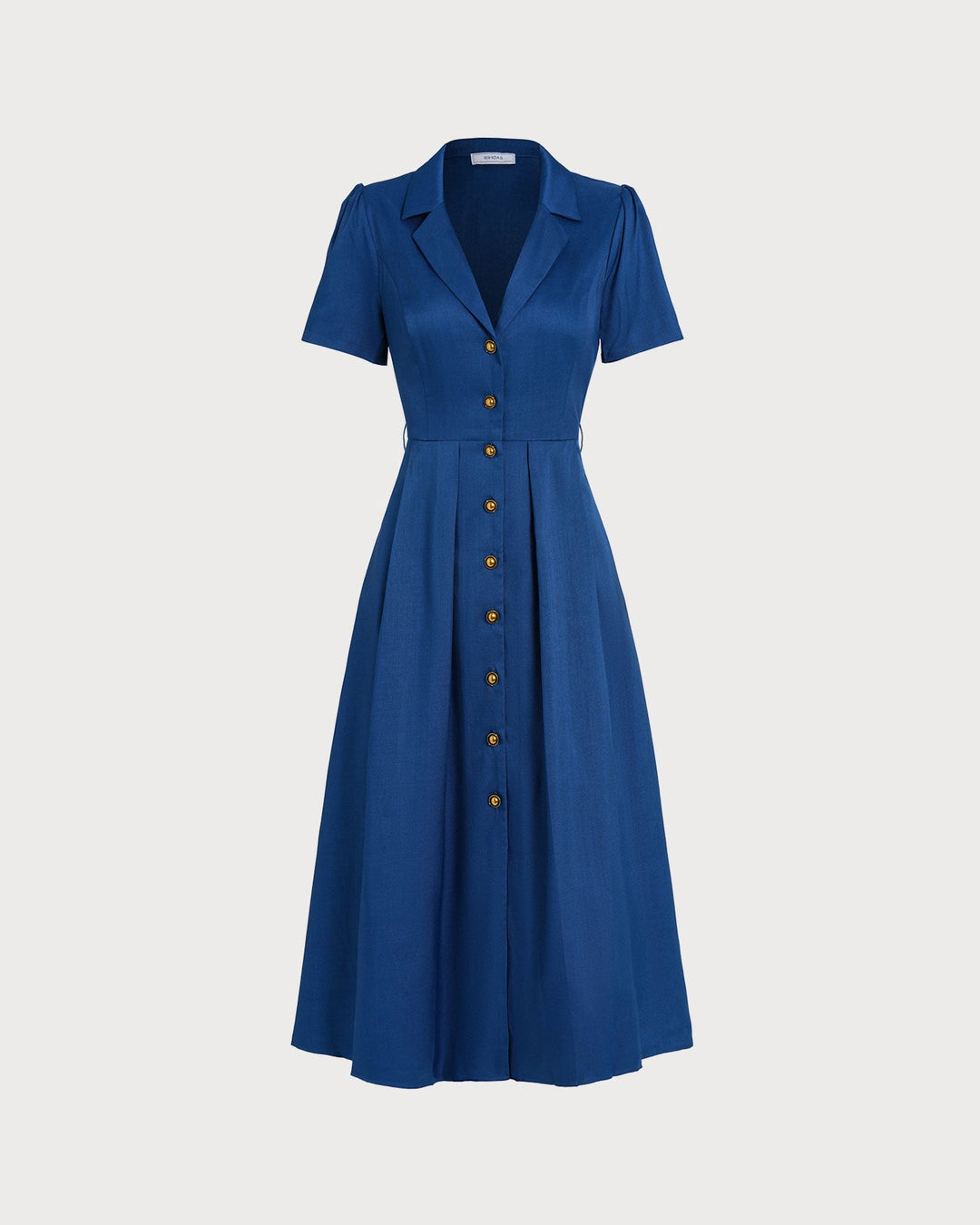Blue V Neck Pleated Button Midi Dress