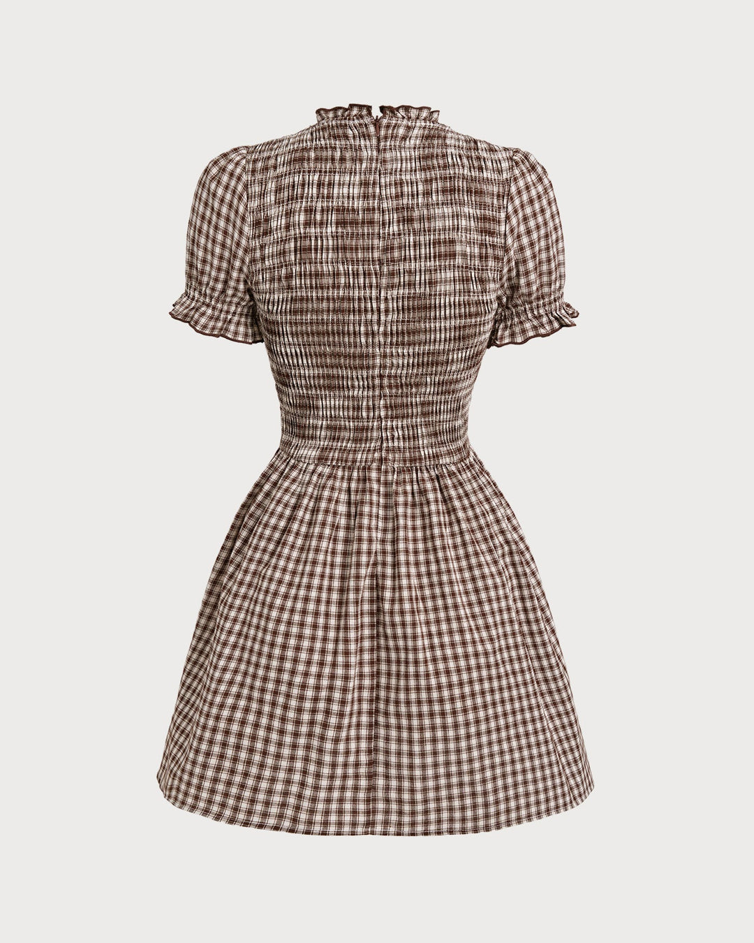 Coffee Gingham Puffed Sleeve Mini Dress