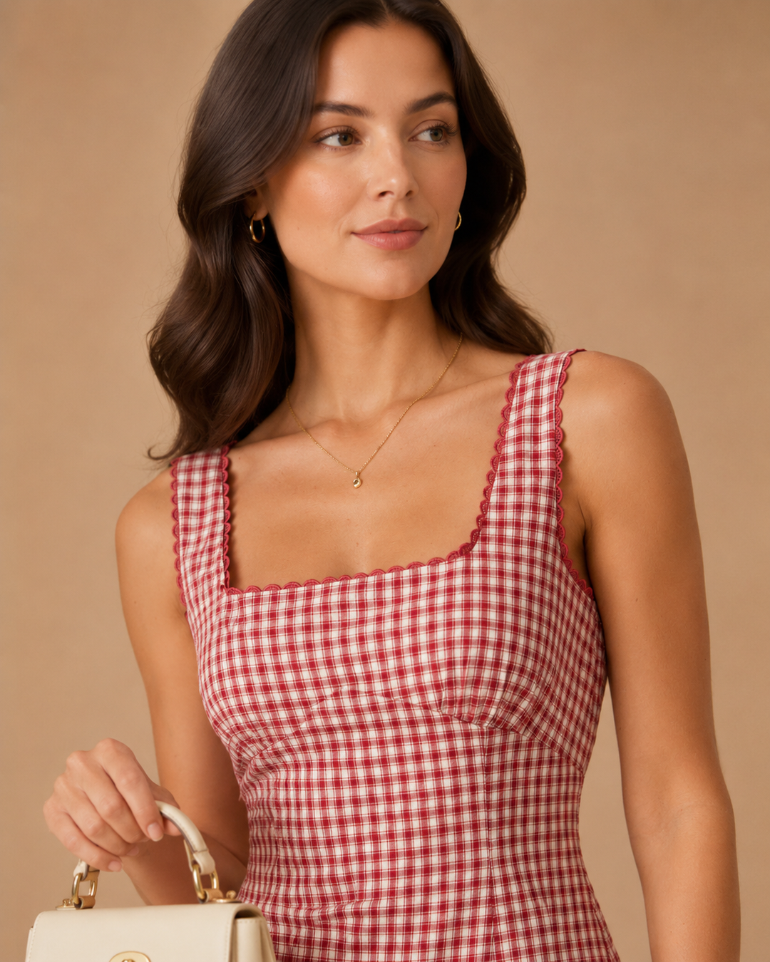 Red Gingham Square Neck Slip Mini Dress