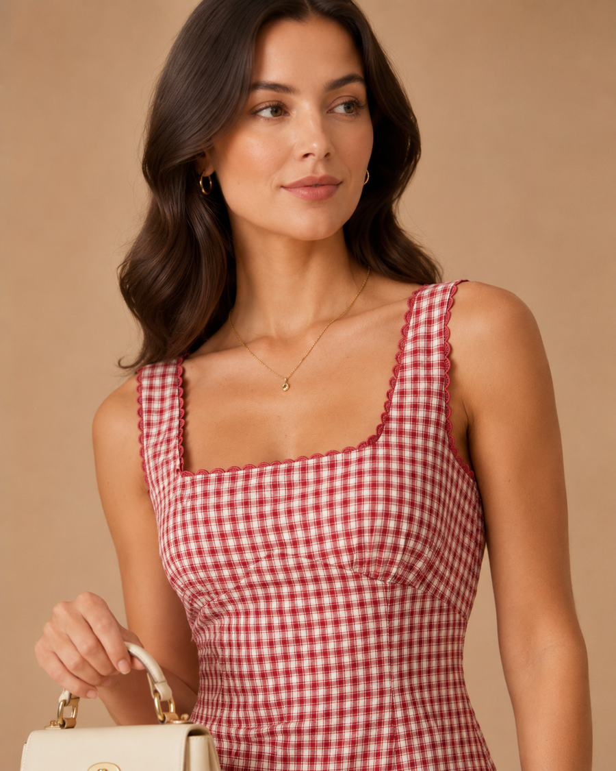 Red Gingham Square Neck Slip Mini Dress