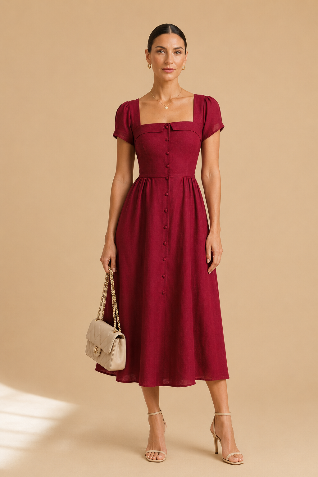 Wine Red Square Neck A-Line Midi Dress
