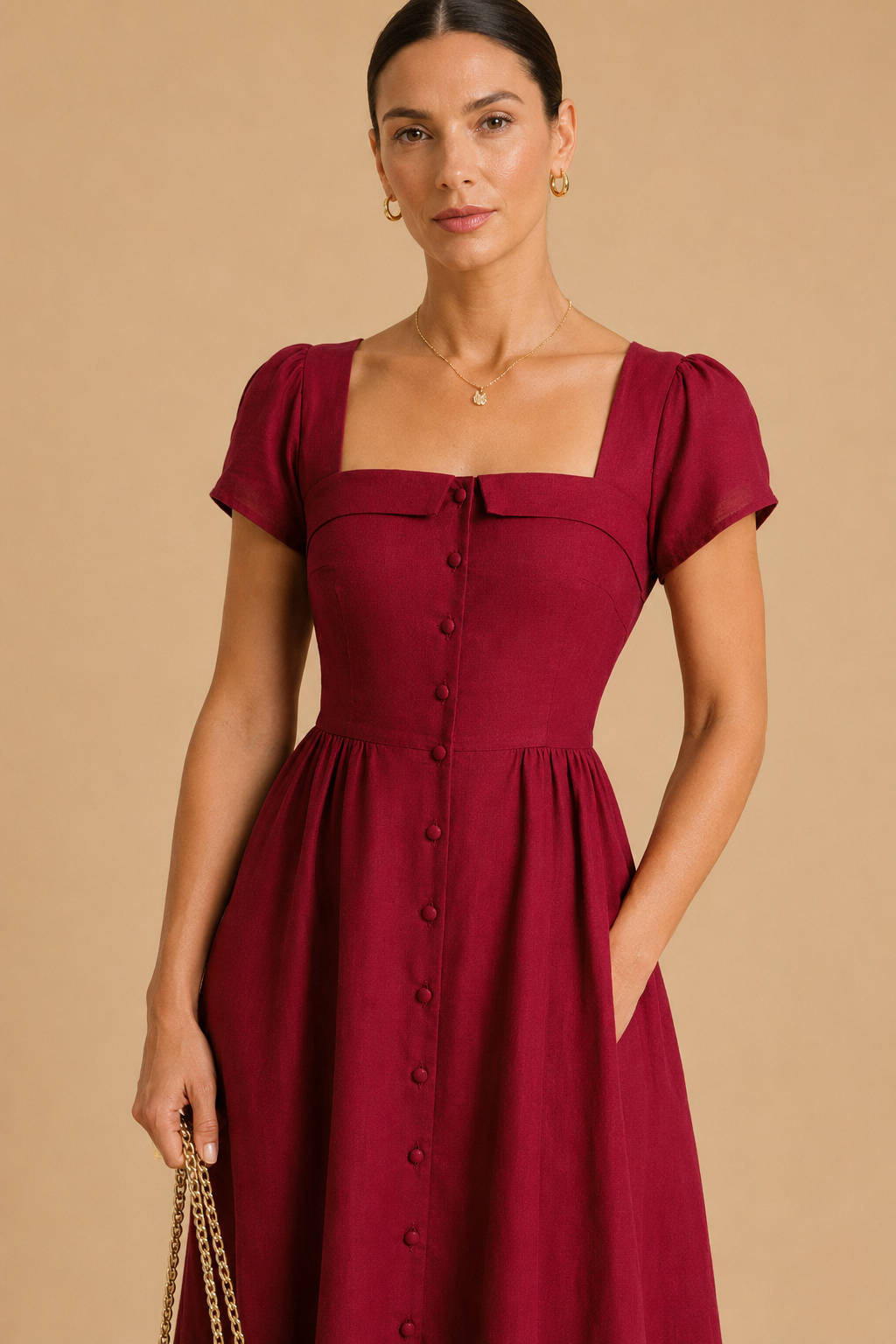 Wine Red Square Neck A-Line Midi Dress