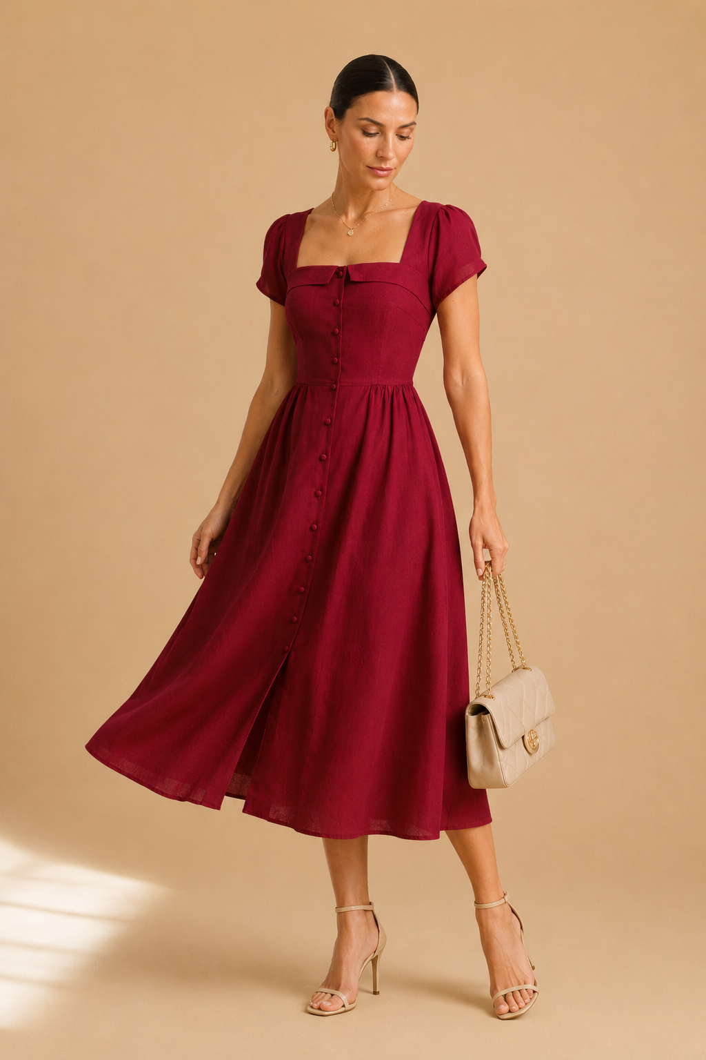 Wine Red Square Neck A-Line Midi Dress