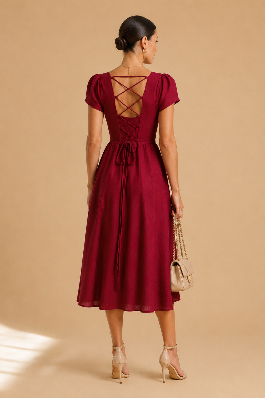 Wine Red Square Neck A-Line Midi Dress