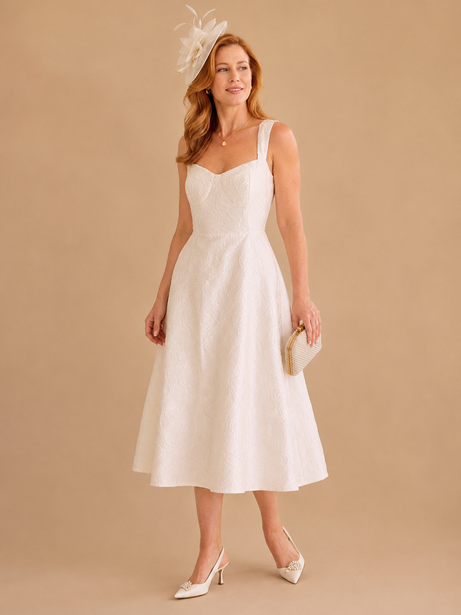 The White Sweetheart Neck Jacquard Midi Dress