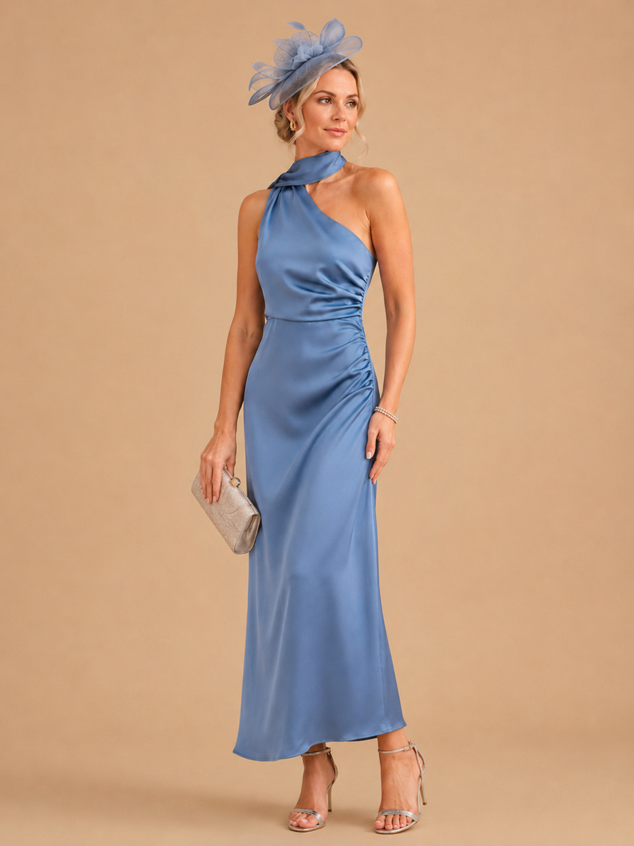 Blue One Shoulder A-Line Satin Maxi Dress