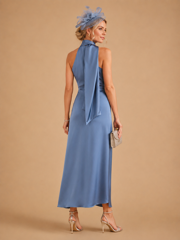 Blue One Shoulder A-Line Satin Maxi Dress