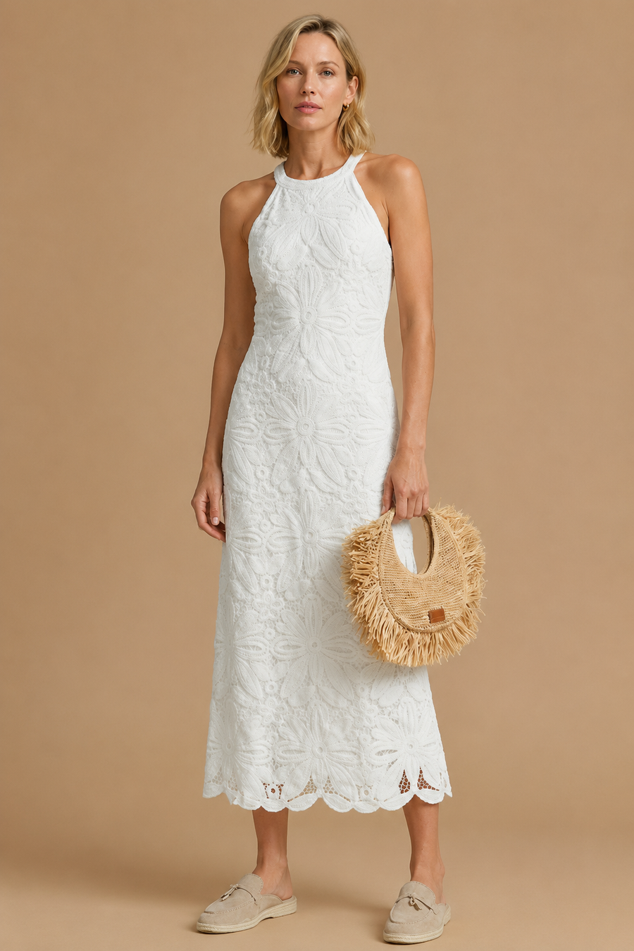 Nosa - Embroidered Halter-Neck Maxi Cotton Dress