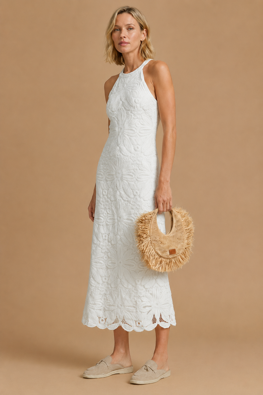Nosa - Embroidered Halter-Neck Maxi Cotton Dress