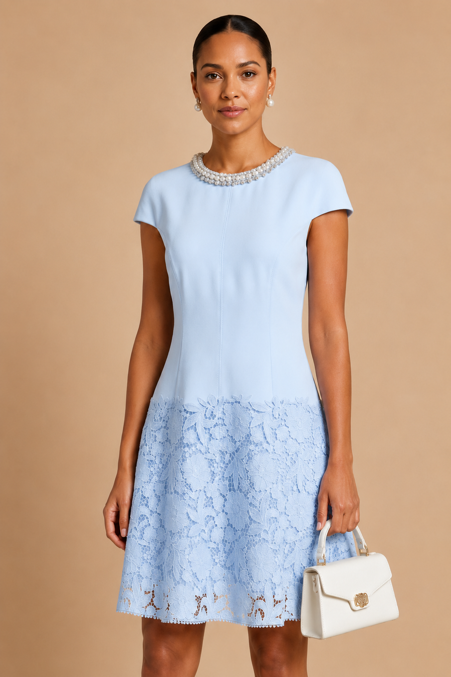 Elsi - Baby Blue Jeweled-Neck Lace-Overlay Mini Dress