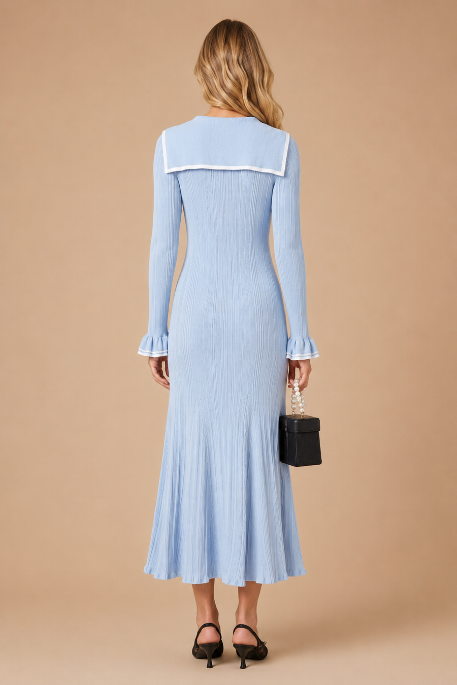 Lari - Ribbed Knit Sailor-Collar Maxi Dress Blue