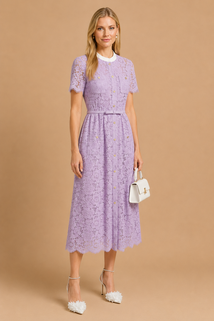 Zalia - Victorian Lace Belted Midi Dress