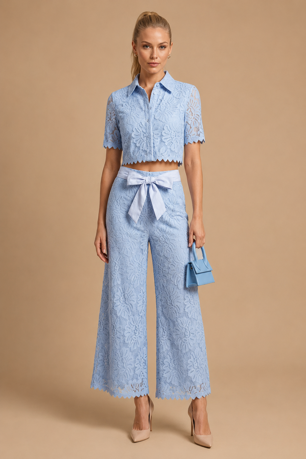 Senti - Cropped Lace Shirt & Wide-Leg Trouser Set Blue