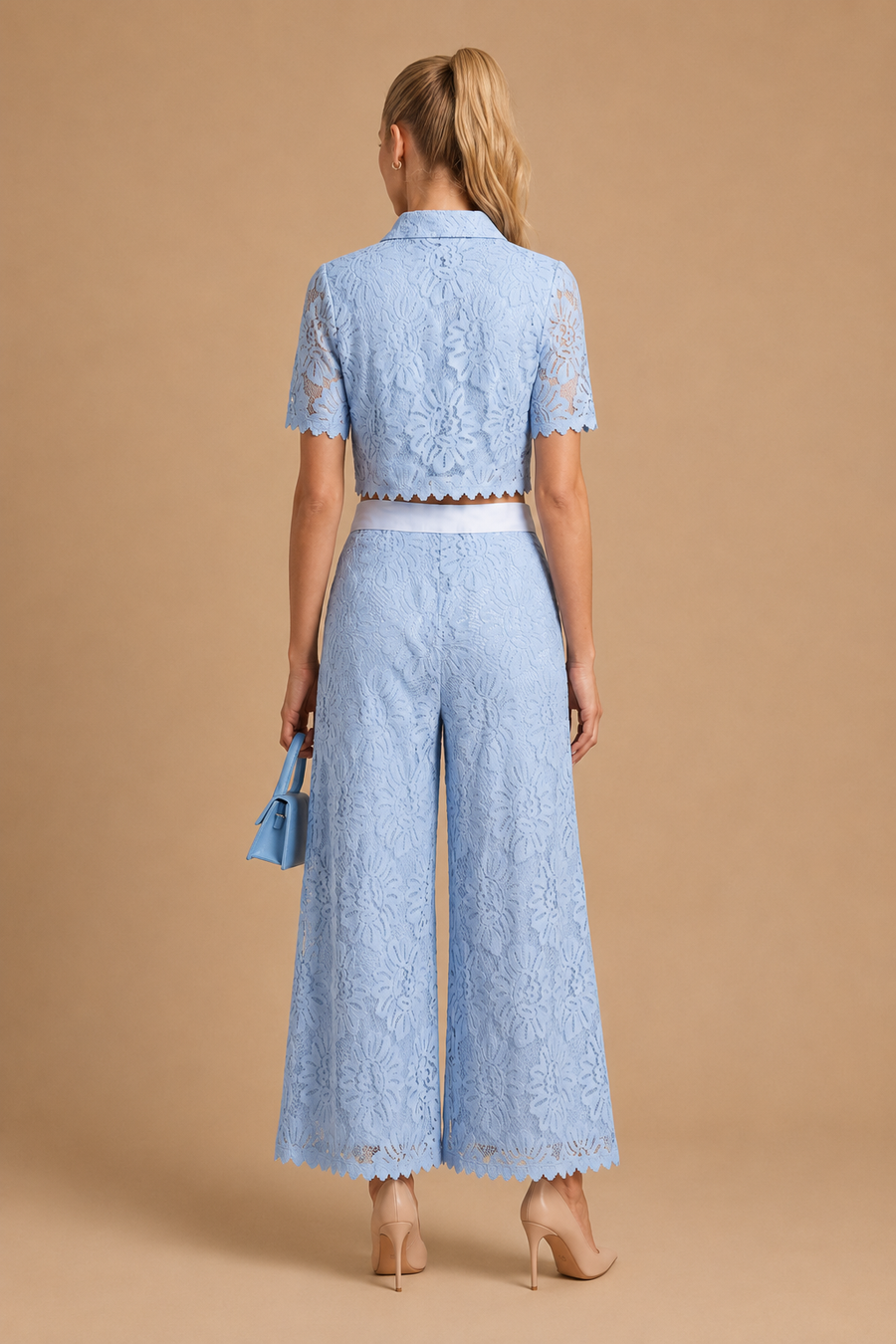 Senti - Cropped Lace Shirt & Wide-Leg Trouser Set Blue
