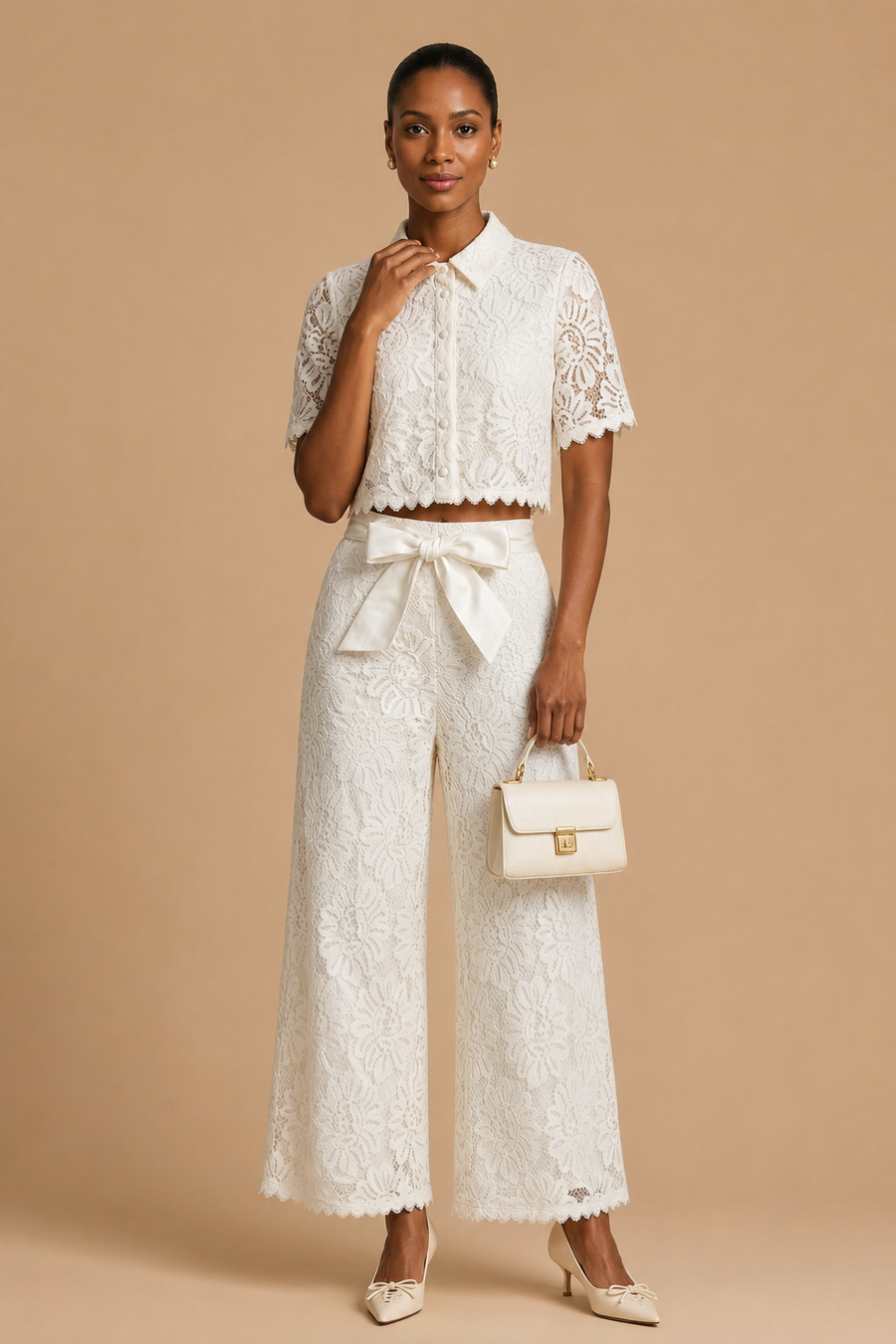 Senti - Cropped Lace Shirt & Wide-Leg Trouser Set White