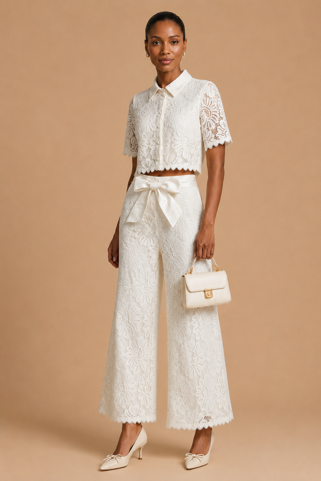 Senti - Cropped Lace Shirt & Wide-Leg Trouser Set White