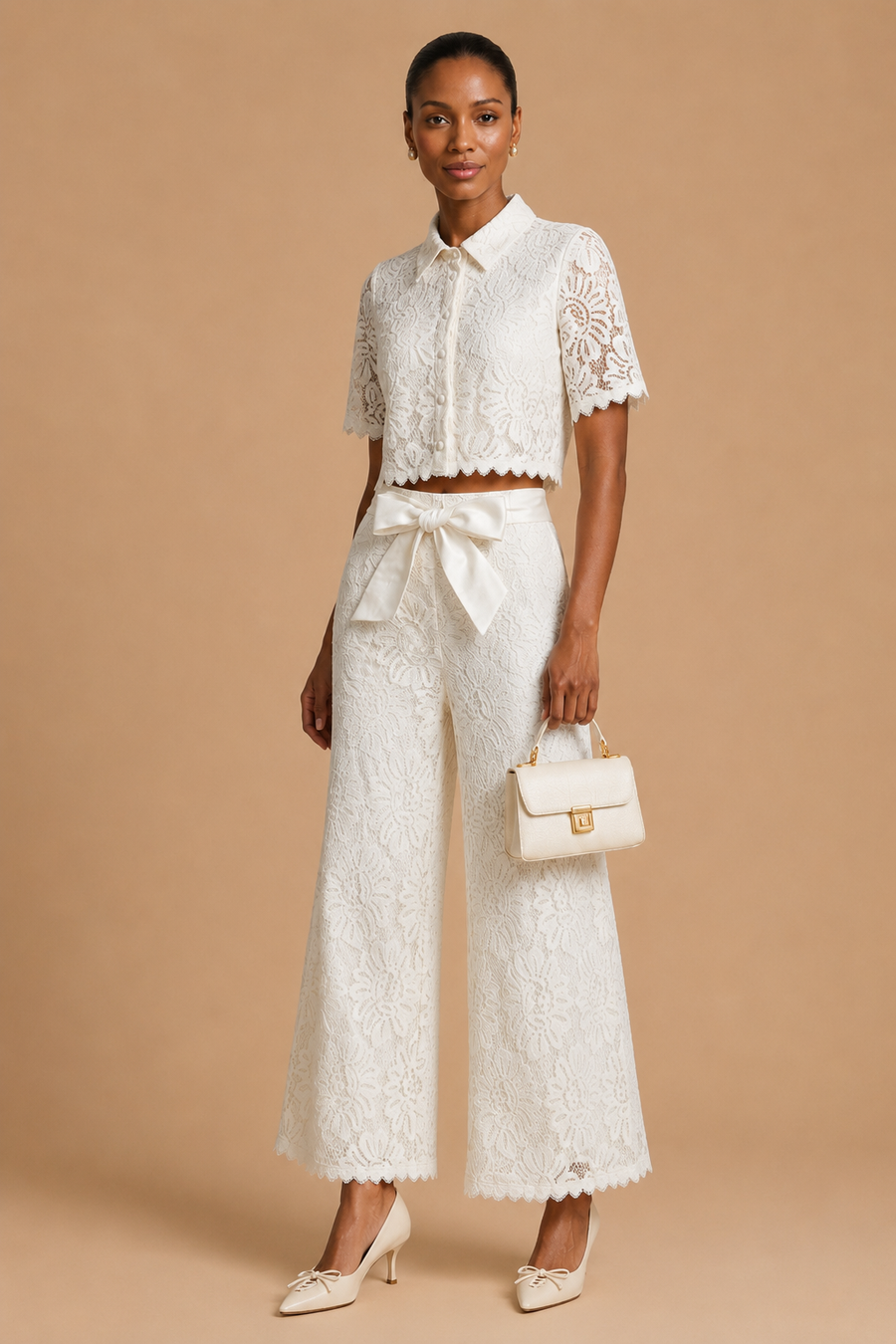 Senti - Cropped Lace Shirt & Wide-Leg Trouser Set White