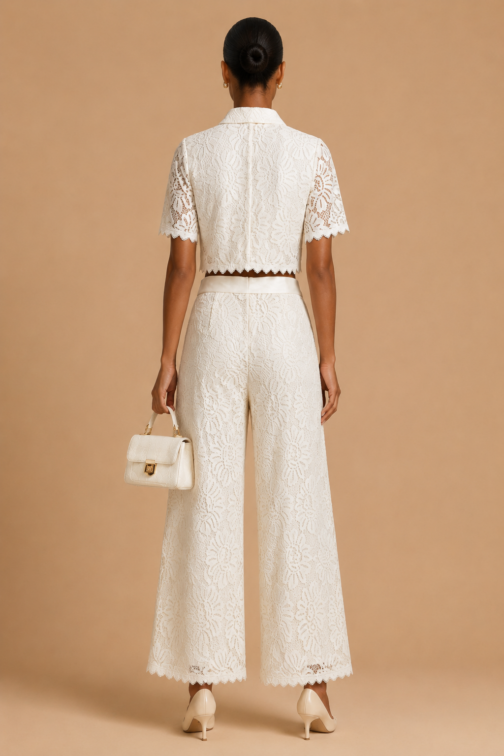 Senti - Cropped Lace Shirt & Wide-Leg Trouser Set White
