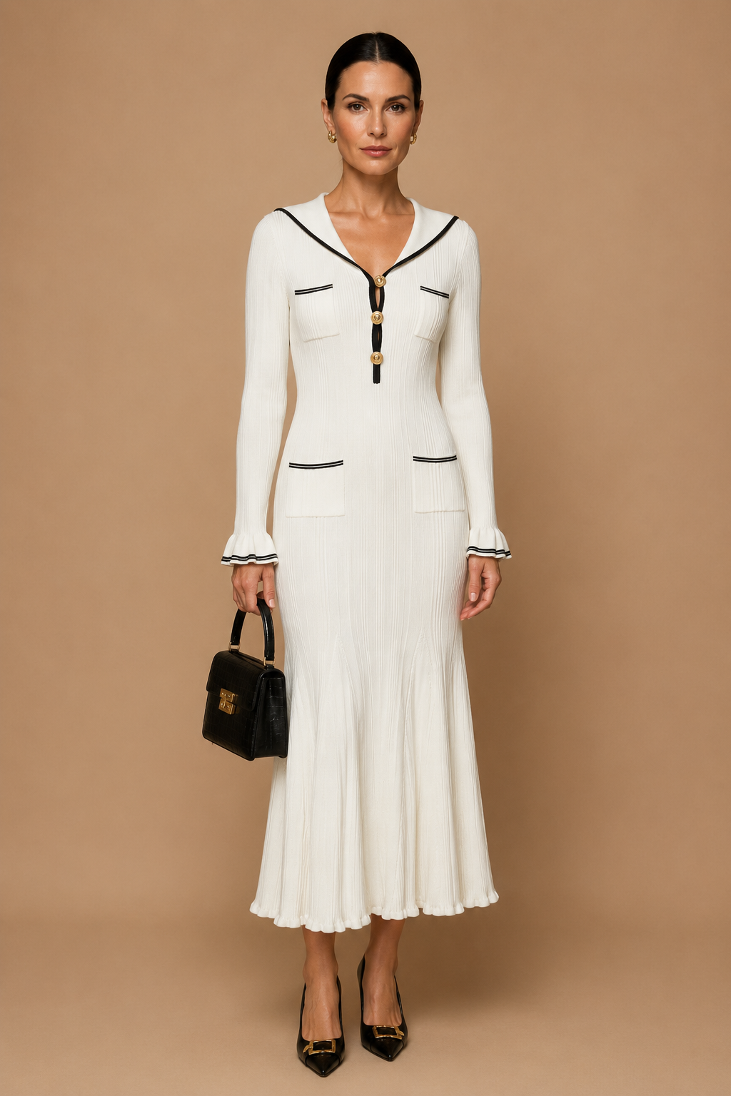Lari - Ribbed Knit Sailor-Collar Maxi Dress White