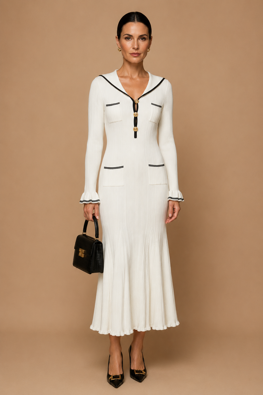 Lari - Ribbed Knit Sailor-Collar Maxi Dress White