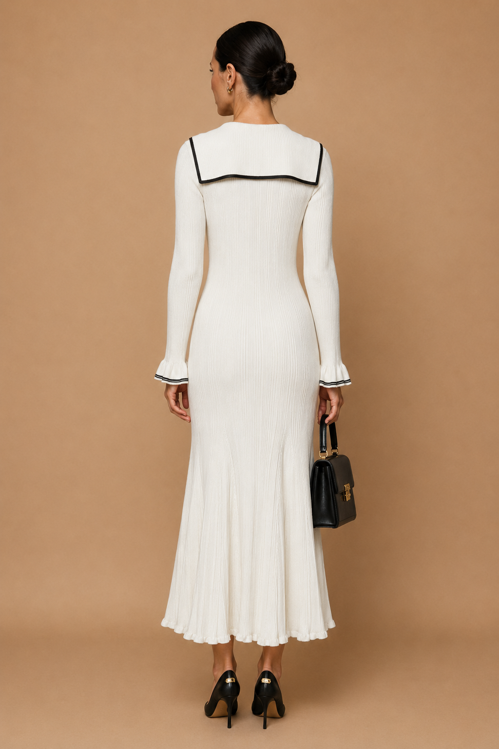 Lari - Ribbed Knit Sailor-Collar Maxi Dress White