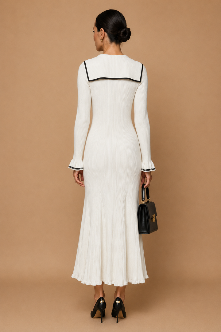 Lari - Ribbed Knit Sailor-Collar Maxi Dress White