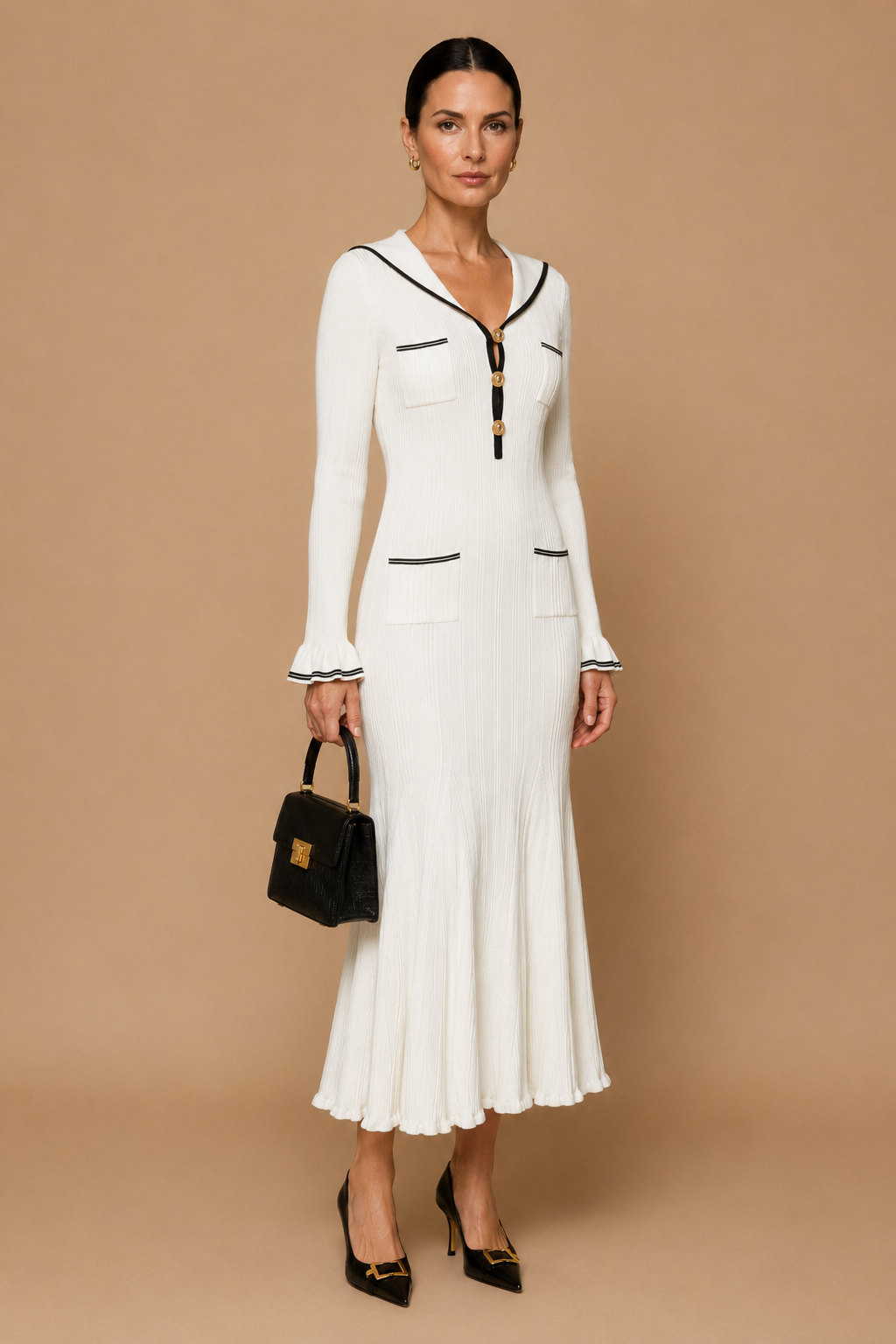 Lari - Ribbed Knit Sailor-Collar Maxi Dress White