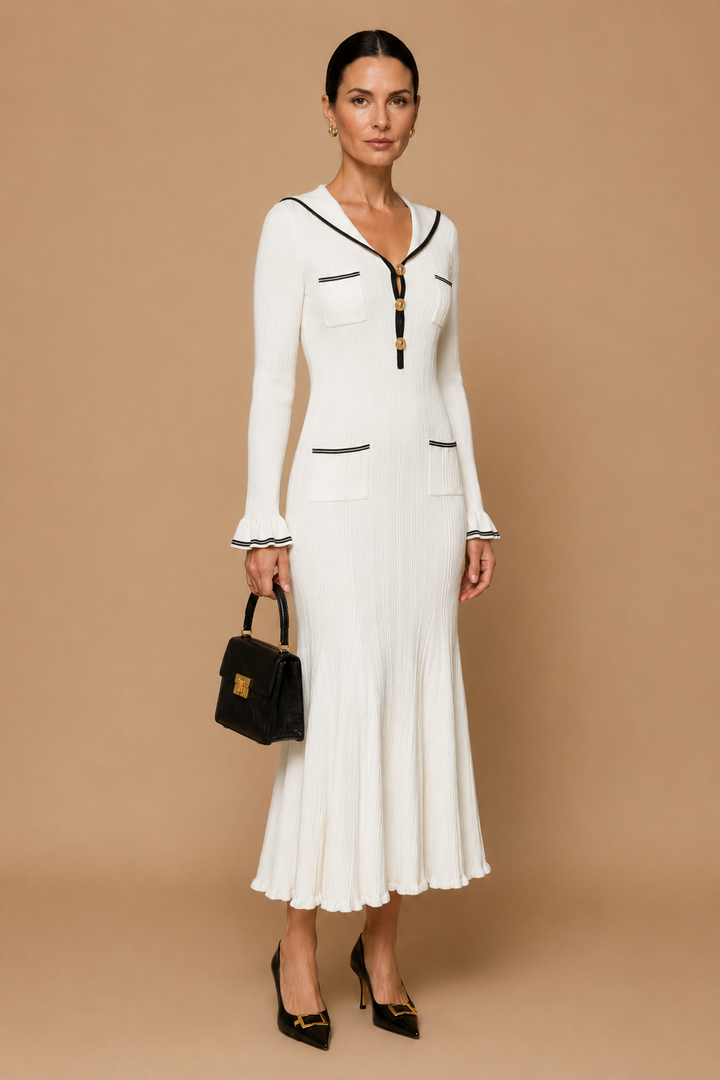 Lari - Ribbed Knit Sailor-Collar Maxi Dress White