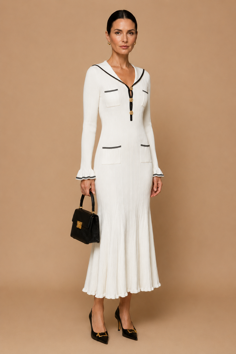 Lari - Ribbed Knit Sailor-Collar Maxi Dress White