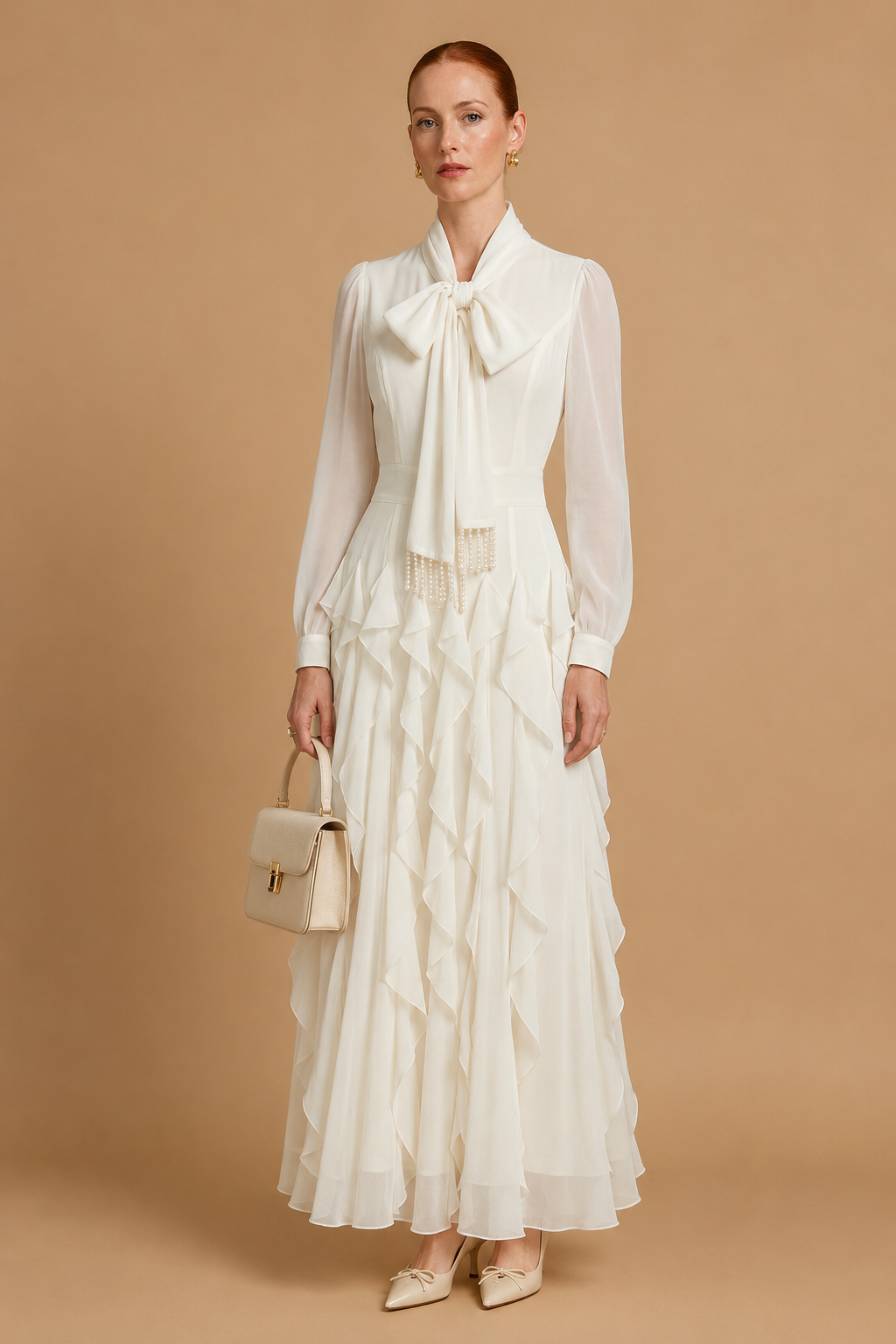Zola - Tiered Ruffle Pussy-Bow Maxi Dress White