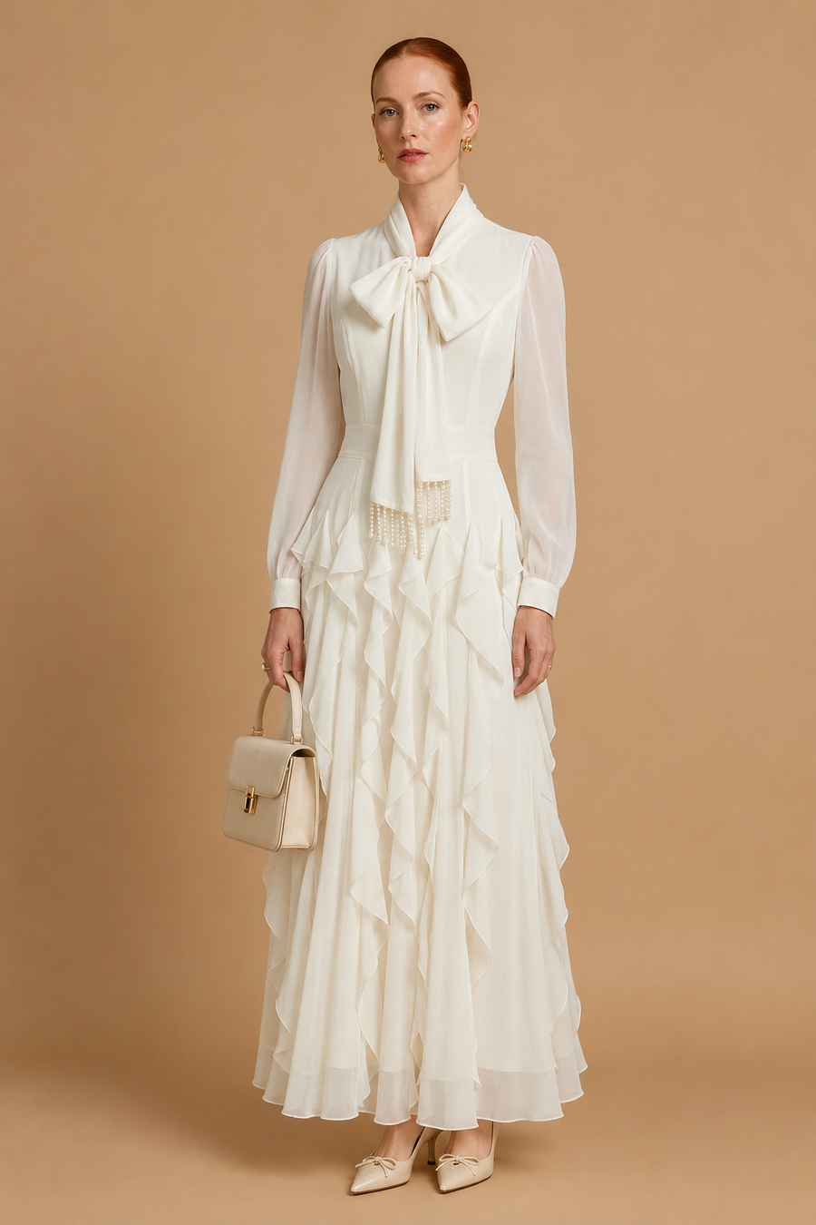 Zola - Tiered Ruffle Pussy-Bow Maxi Dress White