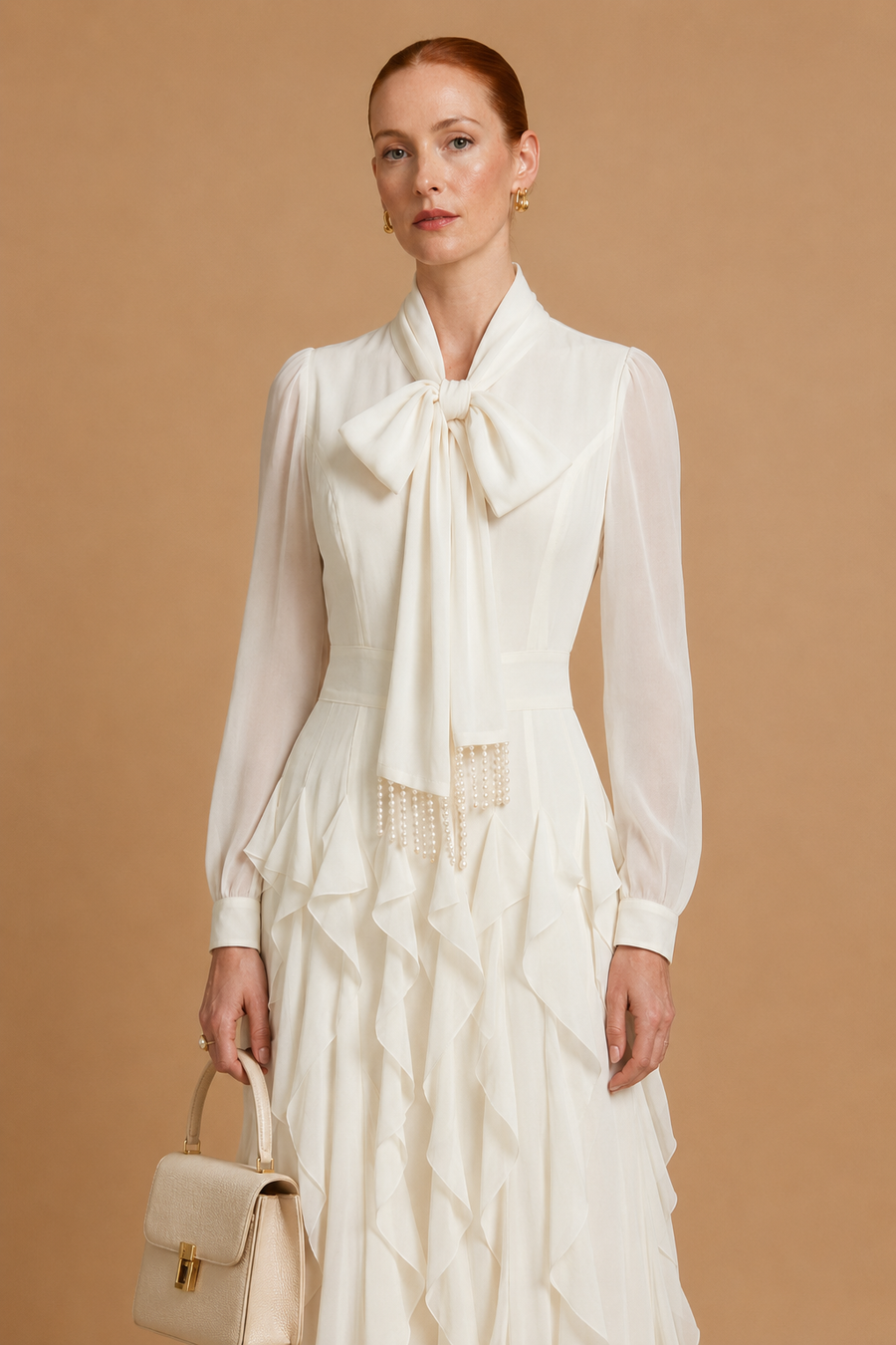 Zola - Tiered Ruffle Pussy-Bow Maxi Dress White