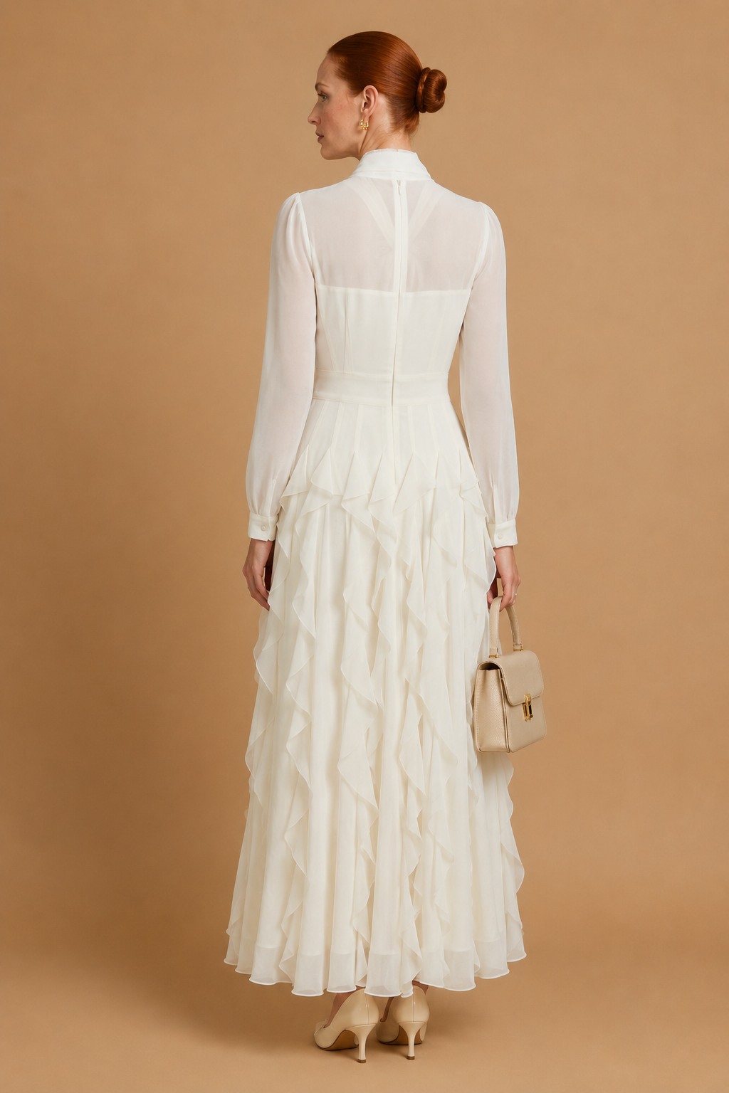Zola - Tiered Ruffle Pussy-Bow Maxi Dress White