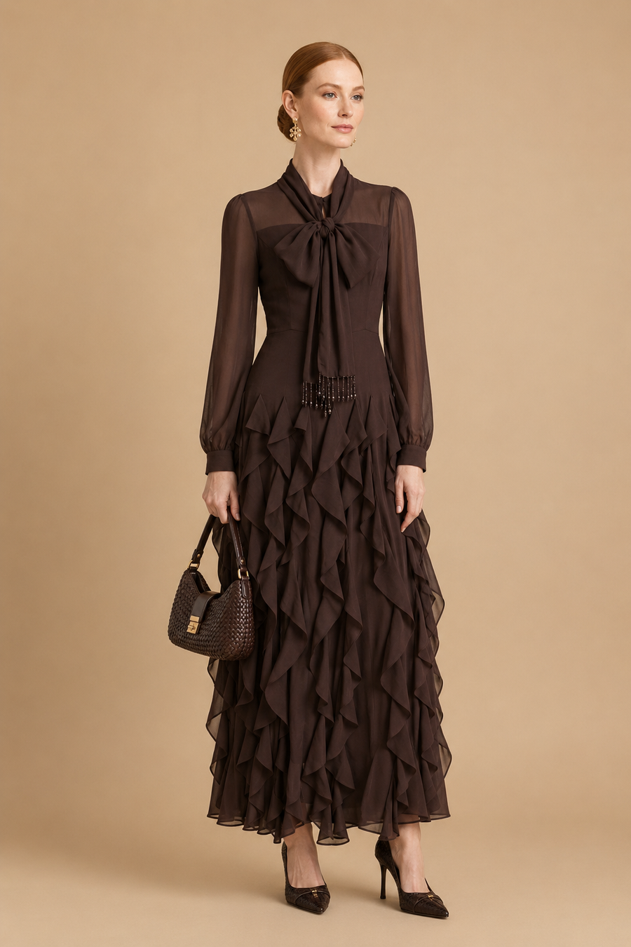 Zola - Tiered Ruffle Pussy-Bow Maxi Dress Brown