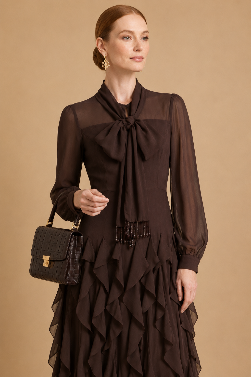 Zola - Tiered Ruffle Pussy-Bow Maxi Dress Brown
