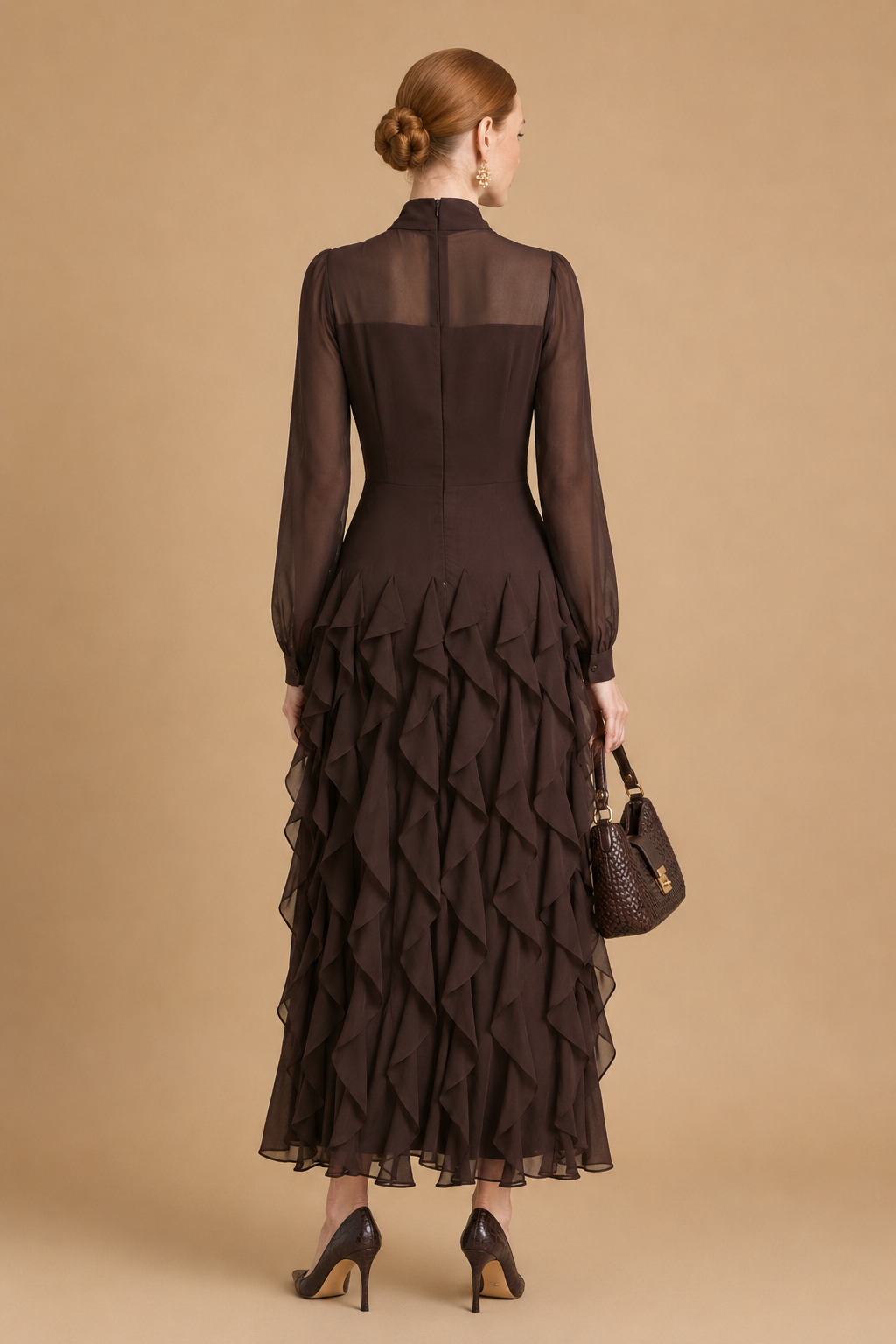 Zola - Tiered Ruffle Pussy-Bow Maxi Dress Brown