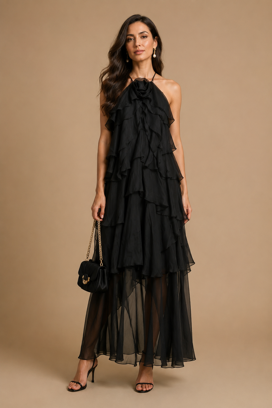 Zeli - Tiered Ruffle Halter Maxi Dress Black