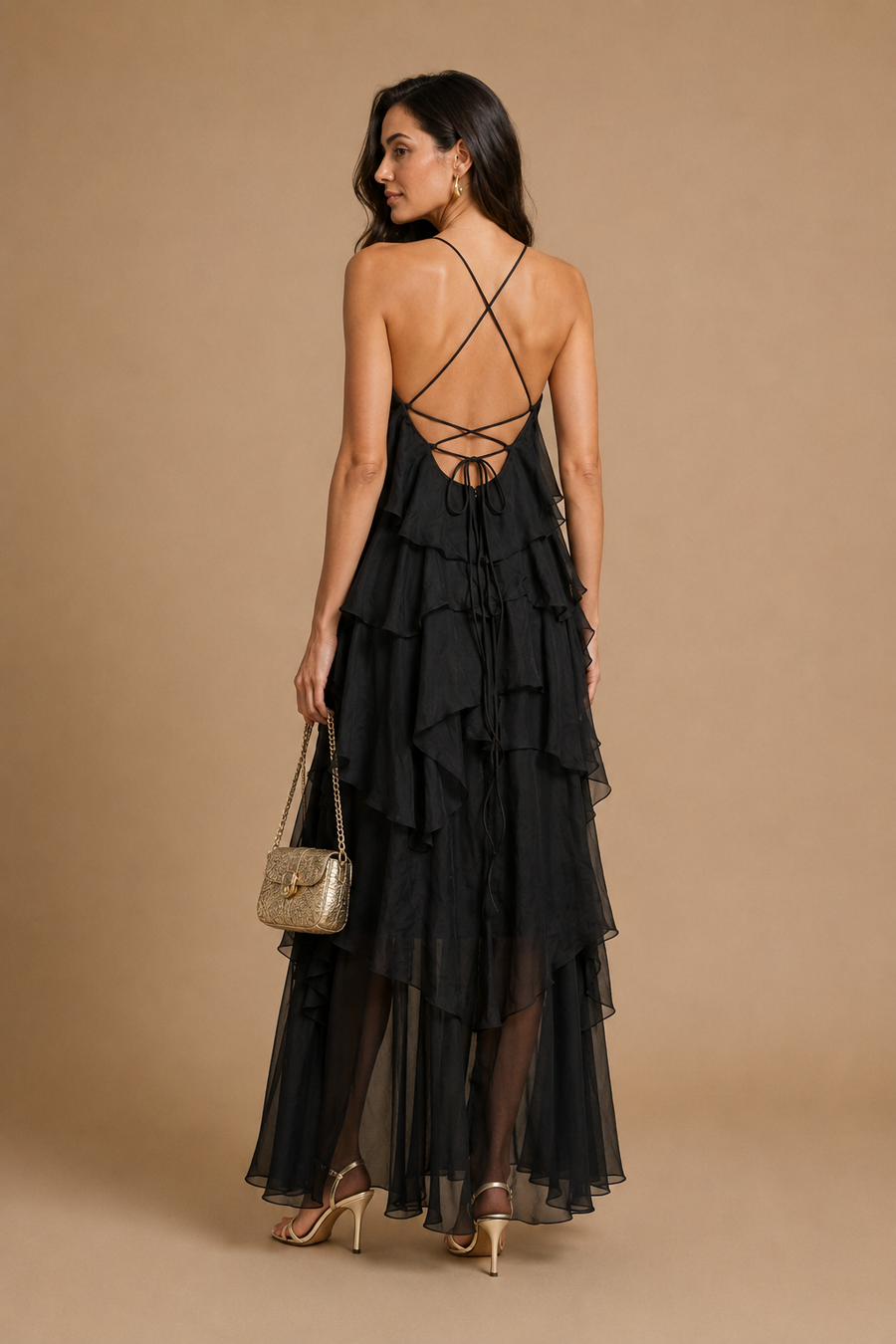 Zeli - Tiered Ruffle Halter Maxi Dress Black