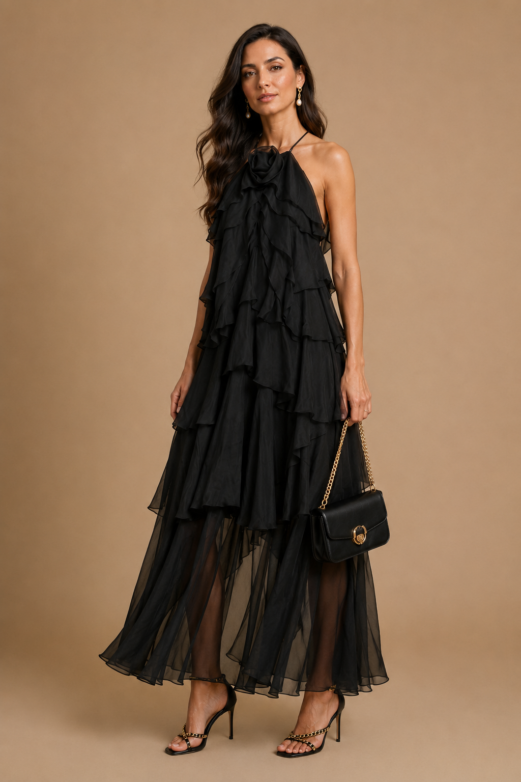 Zeli - Tiered Ruffle Halter Maxi Dress Black