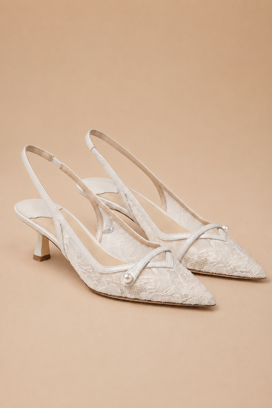 Camy - Lace-Paneled Pearl Slingback Kitten Heel White