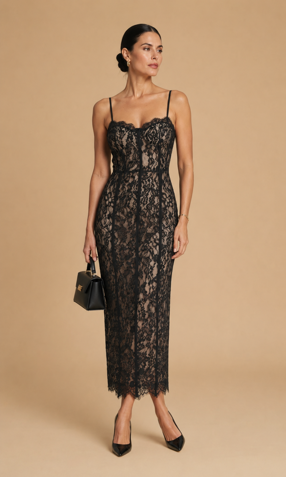 Lotri - Paneled Floral Lace Bustier Midi Dress