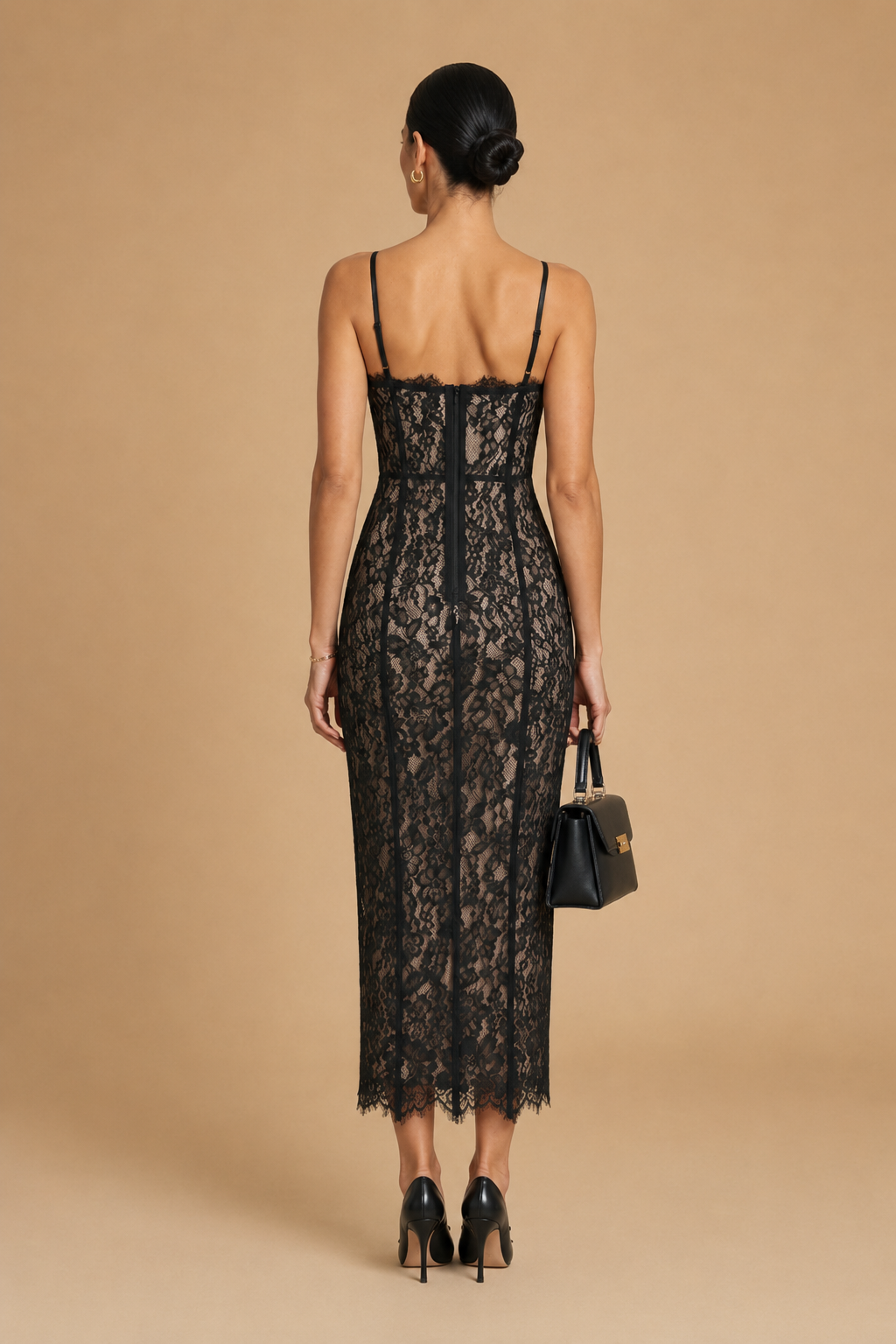 Lotri - Paneled Floral Lace Bustier Midi Dress