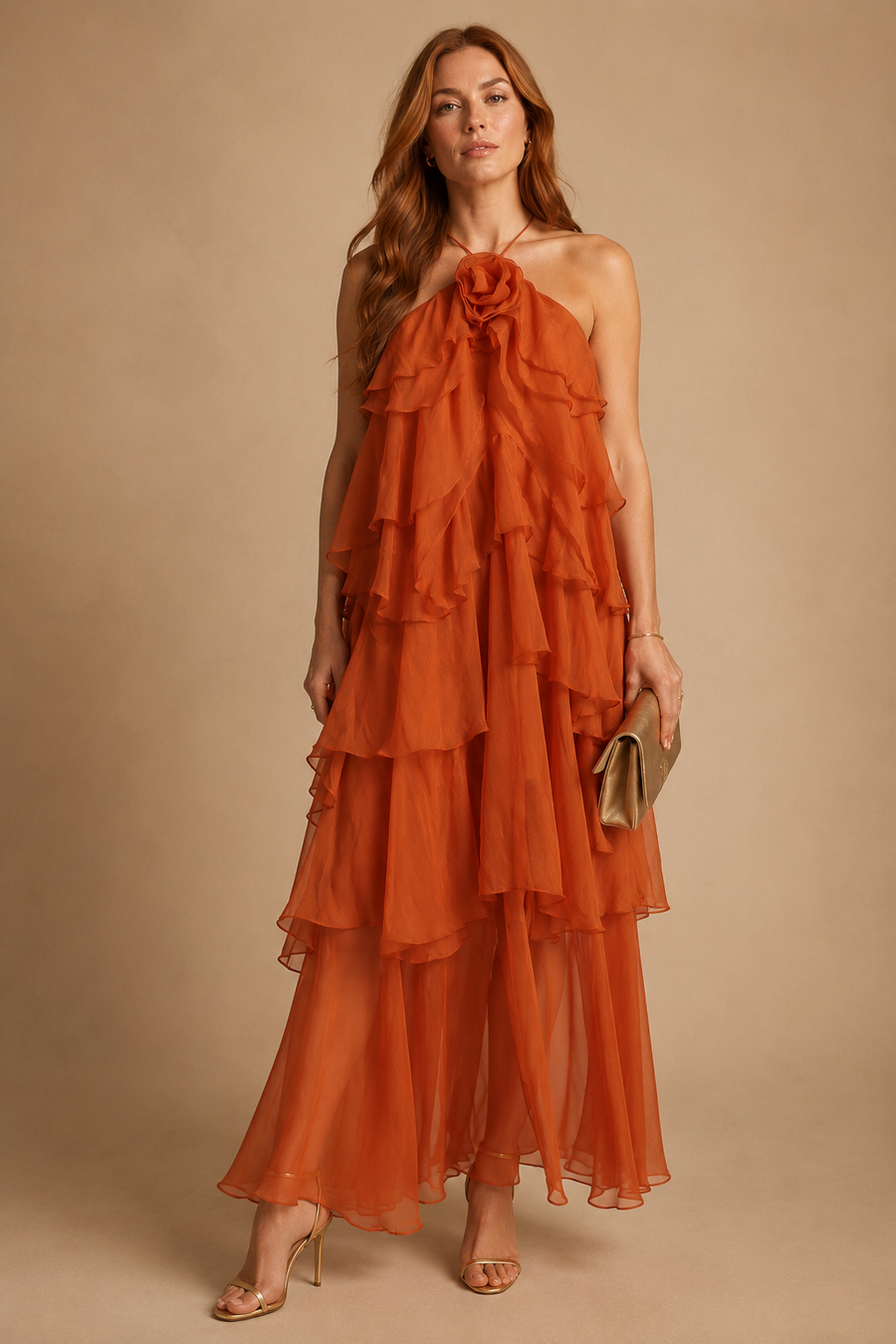 Zeli - Tiered Ruffle Halter Maxi Dress Orange