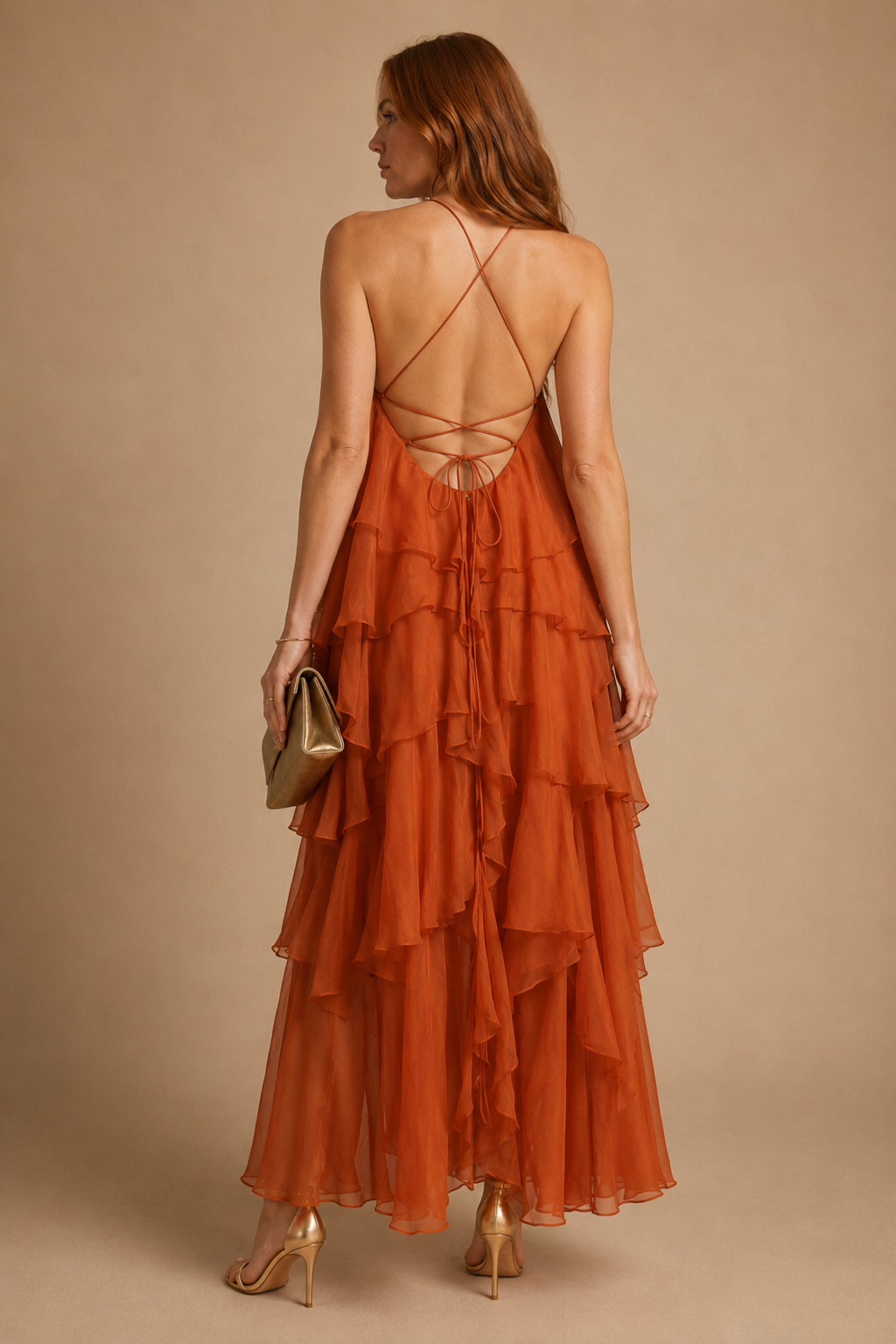 Zeli - Tiered Ruffle Halter Maxi Dress Orange