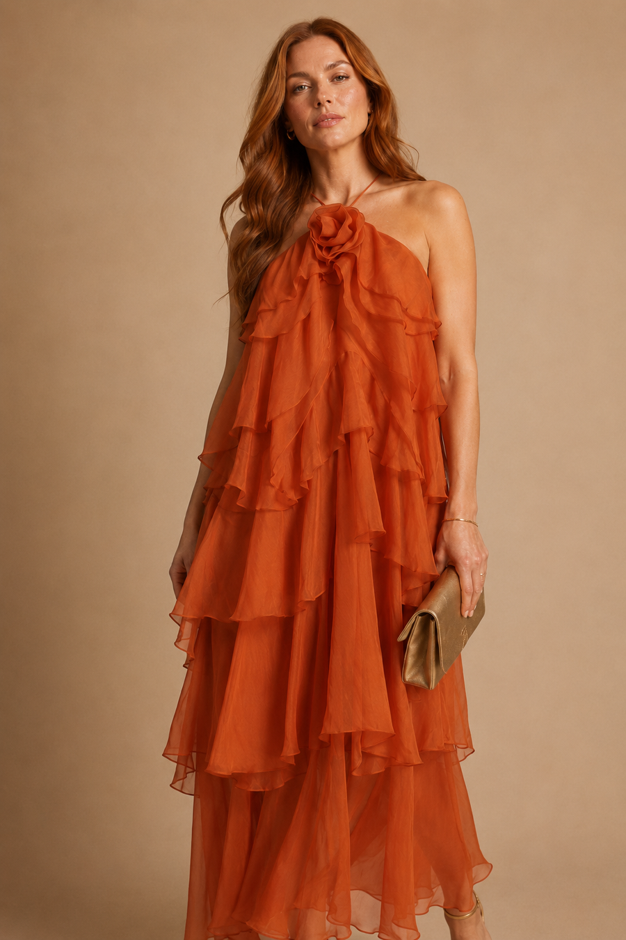 Zeli - Tiered Ruffle Halter Maxi Dress Orange