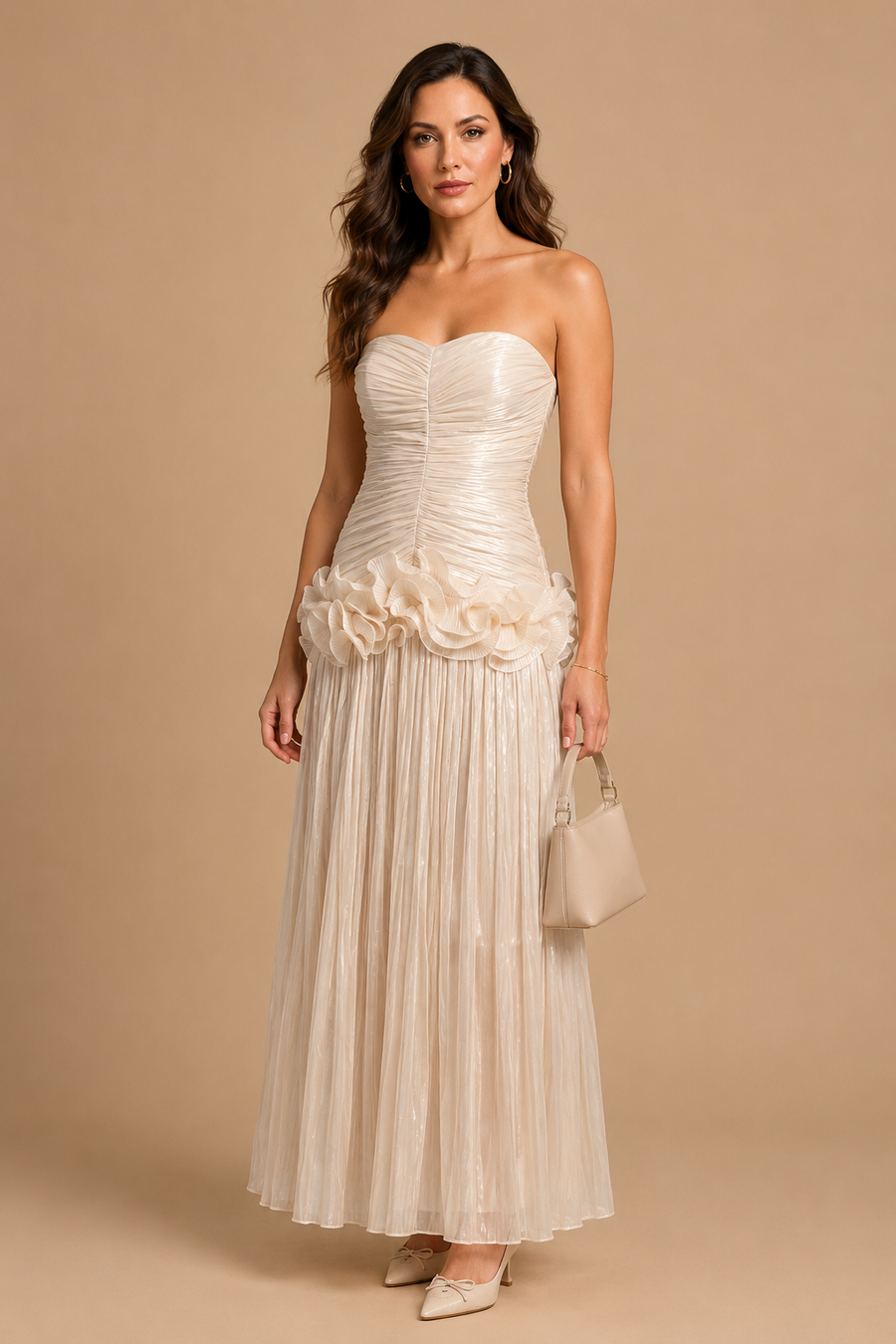 Miri - Metallic Pleated Strapless Maxi Dress Ivory