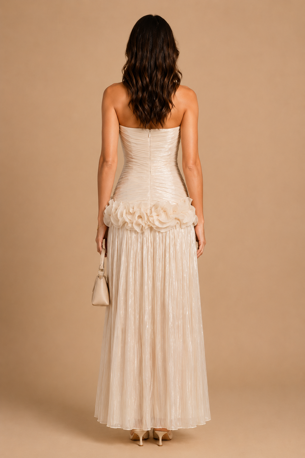 Miri - Metallic Pleated Strapless Maxi Dress Ivory