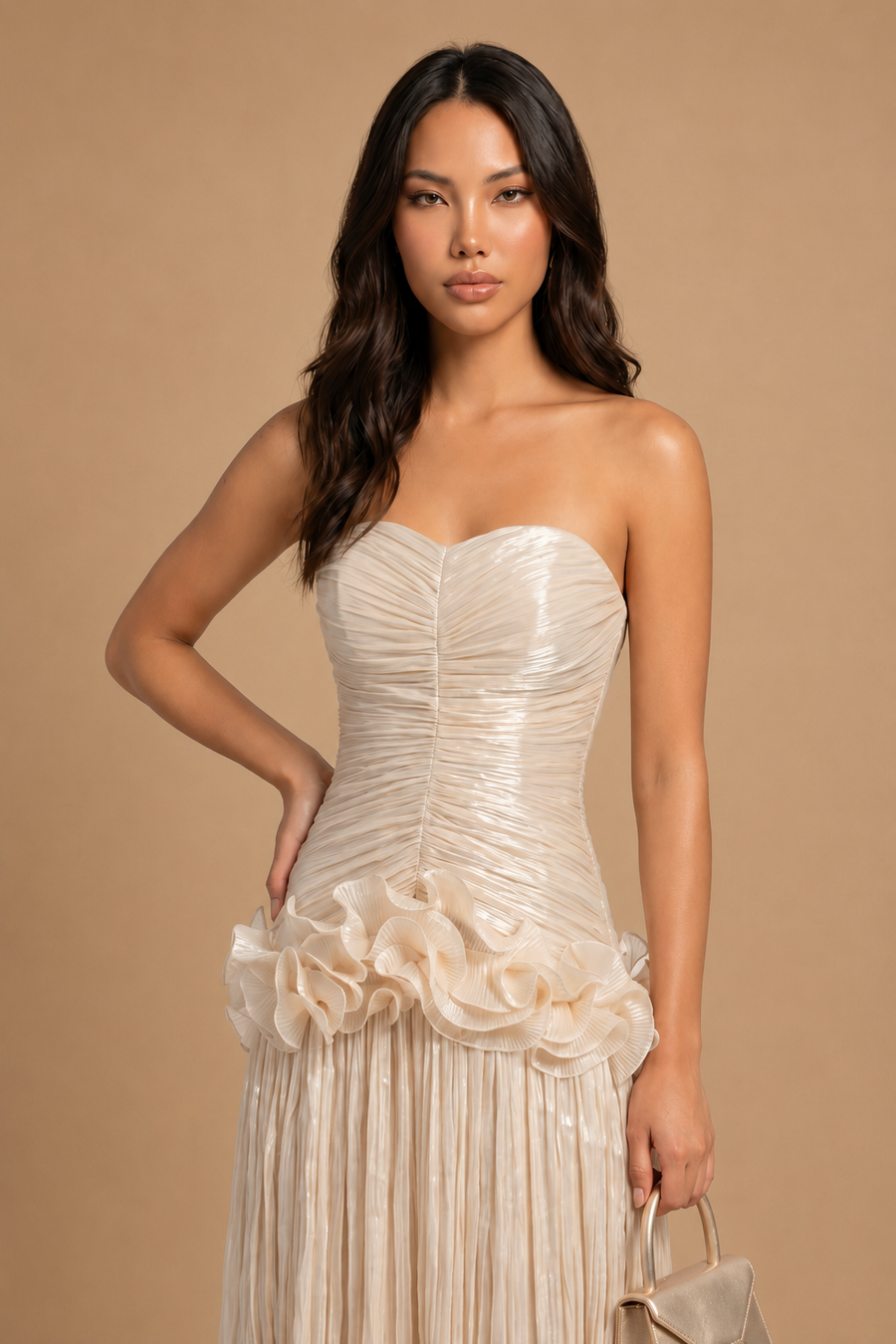 Miri - Metallic Pleated Strapless Maxi Dress Ivory